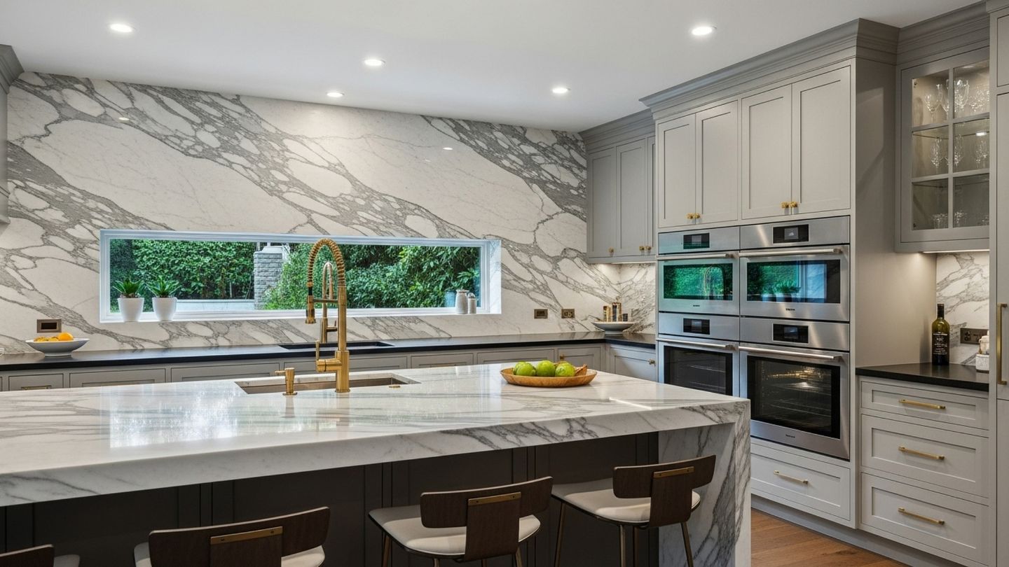 Full home renovation with luxury marble kitchen remodel and modern cabinetry