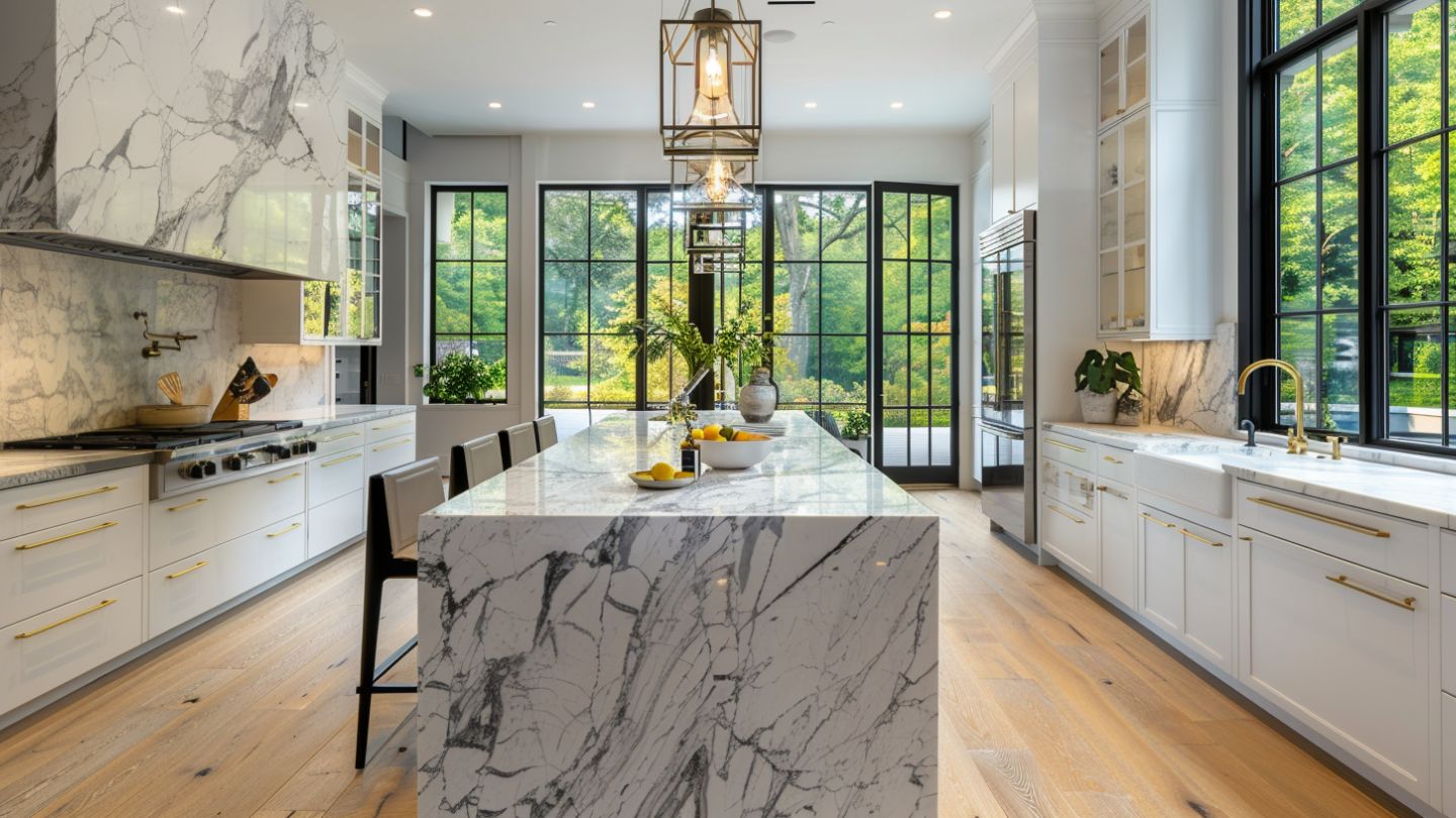 Modern kitchen remodeling in Tampa Bay with luxury island and custom cabinetry