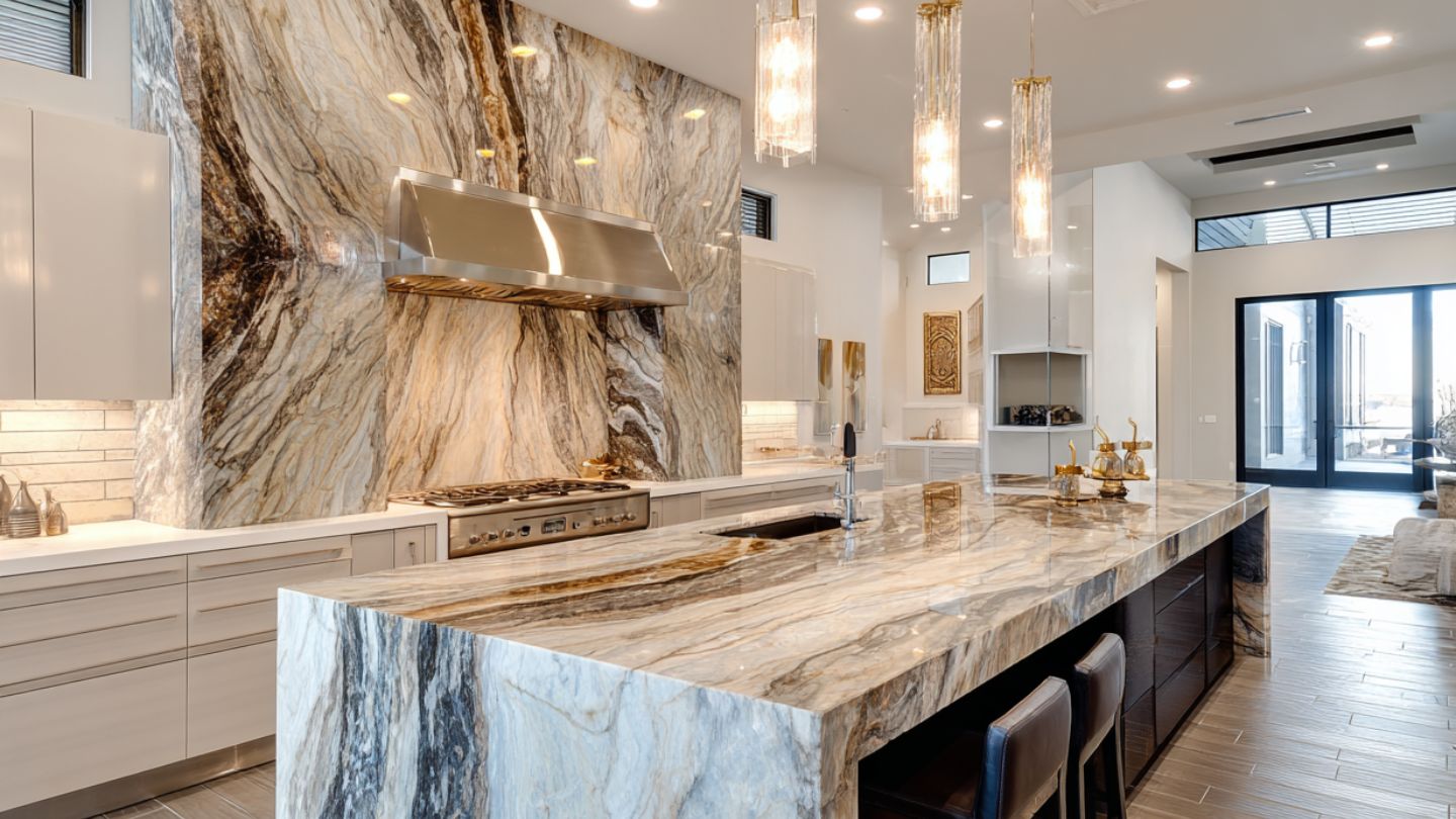 Luxury kitchen remodeling in Tampa Bay featuring dramatic waterfall stone island and full slab backsplash