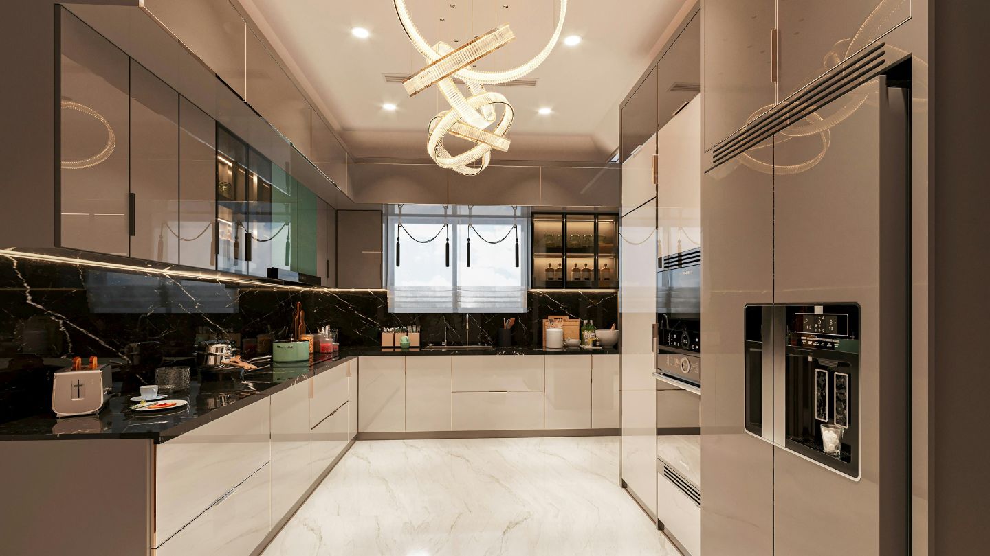 Modern kitchen remodel Tampa Florida with high gloss cabinets and black backsplash