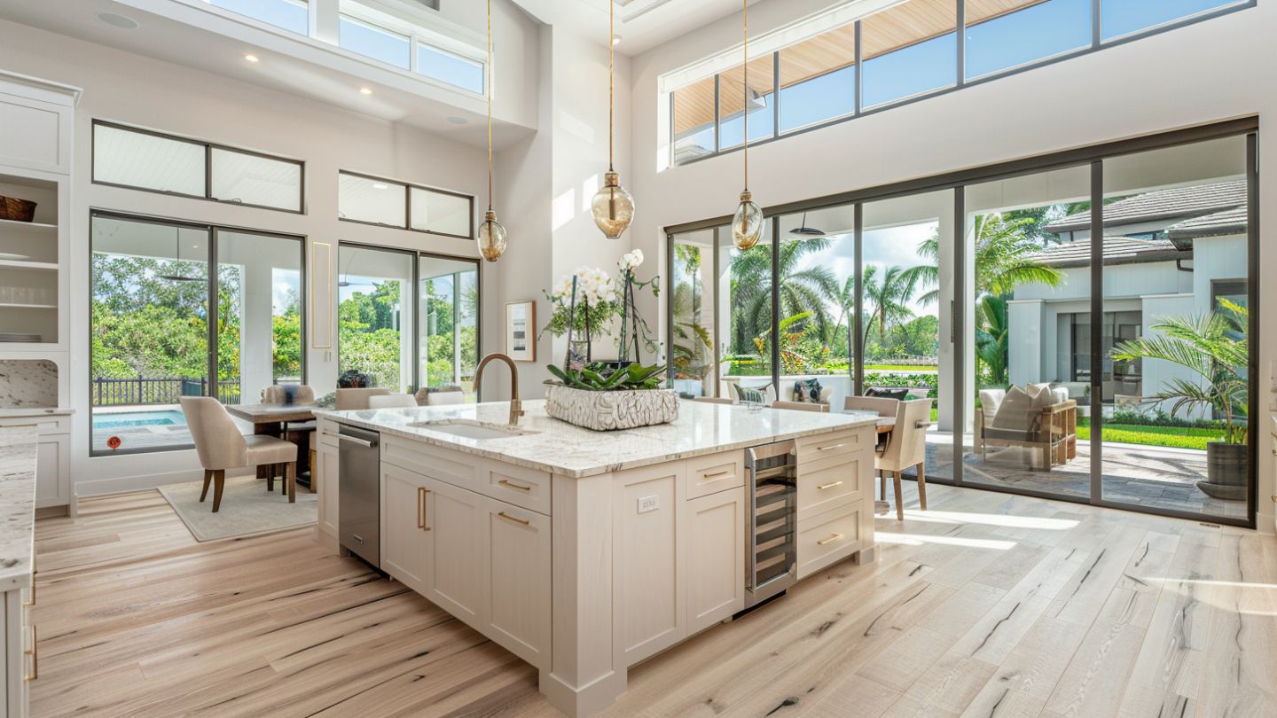 Kitchen remodeling in Lithia FL featuring large windows with palm tree views, quartz island, and modern luxury cabinetry