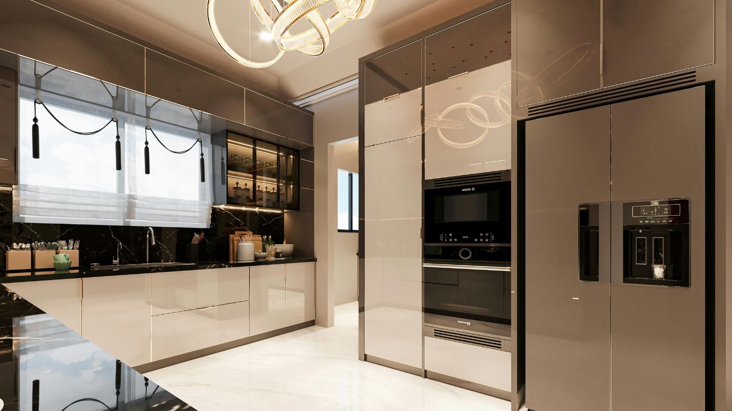 Open concept kitchen renovation with white cabinets and large island